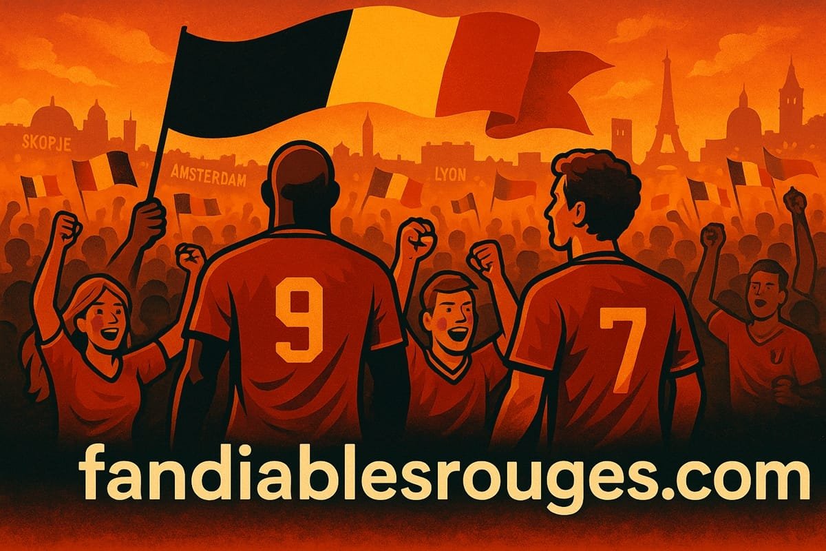 dessin de deux diables rouges face à leur fan qui agitent des drapeaux belges